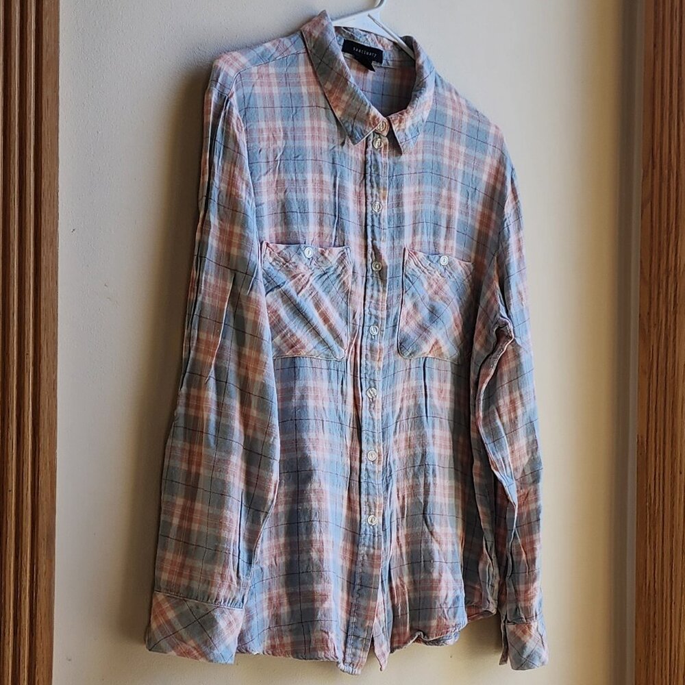 Sanctuary Blue/Pink Plaid Button Down Flannel Shirt Size Large - Picture 3 of 13